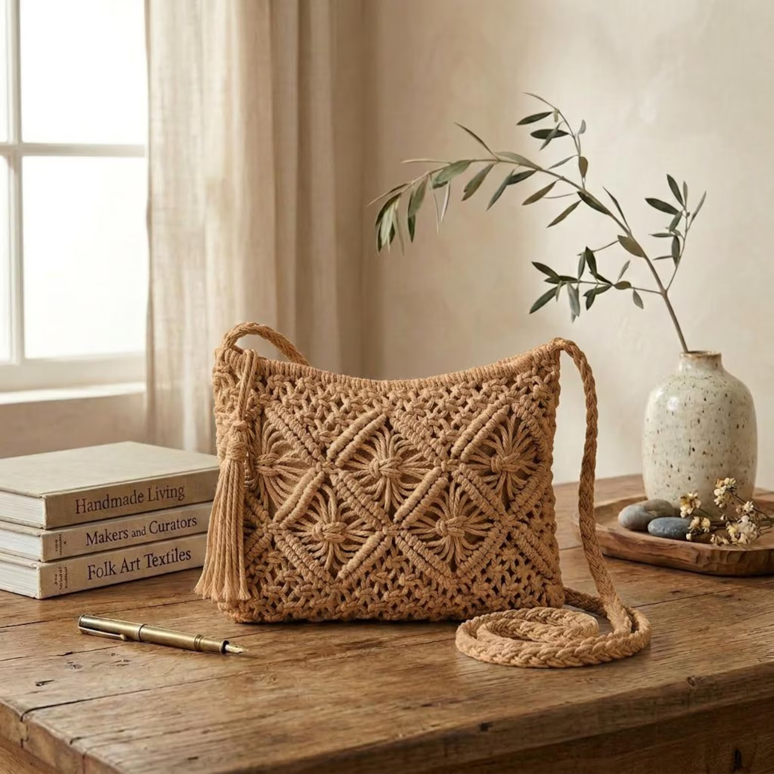 Béžová makramé crossbody kabelka so strapcom